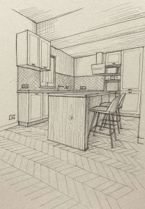 Cuisine et espace de vie - croquis par Jade & Lou