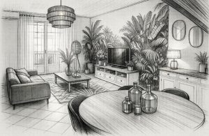 Croquis par Jade & Lou pour l'espace cuisine, salon et salle à manger